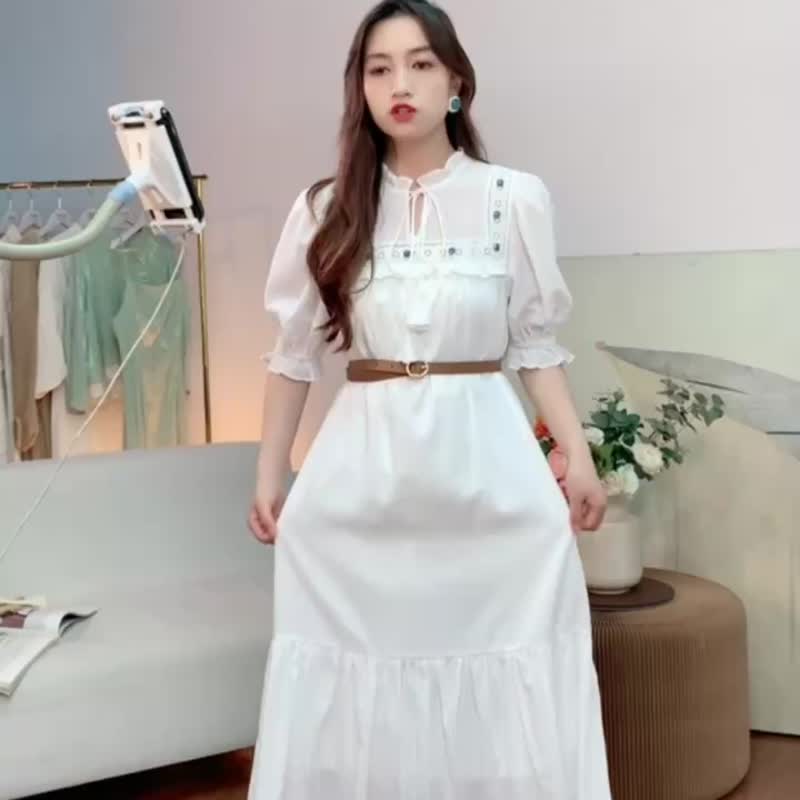 含腰帶 白色蕾絲拼接寬松中長款 連衣裙洋裝 - 洋裝/連身裙 - 棉．麻 白色