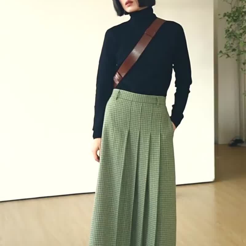 清新綠格紋 秋冬羊毛毛呢格紋三褶半身裙 定位壓褶修身顯瘦裙子 - 裙子/長裙 - 羊毛 綠色