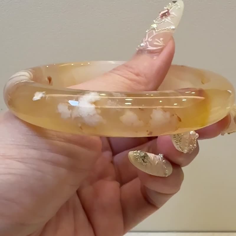 已售-櫻花瑪瑙手鐲 瑪瑙手鐲金黃冰底橙紅漸層小炸花圈口正鐲 - 手鍊/手環 - 玉石 