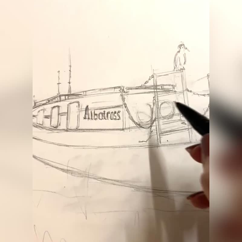 Boat painting Original watercolor painting Graphic painting Monochrome painting - 海報/掛畫/掛布 - 紙 多色