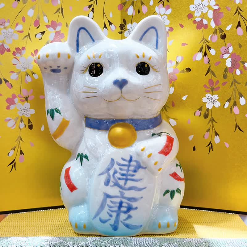 【瑞白安康】日本清水燒招財貓 | 花結晶水白 - 健康 特大 右 - 擺飾/家飾品 - 瓷 白色