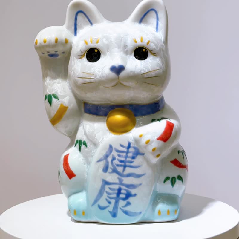 【瑞白安康】日本清水燒招財貓 | 花結晶水白 - 健康 特大 右 - 擺飾/家飾品 - 瓷 白色