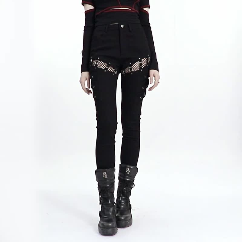 Minstrel Rock Mesh Jeans - กางเกงขายาว - วัสดุอื่นๆ สีดำ