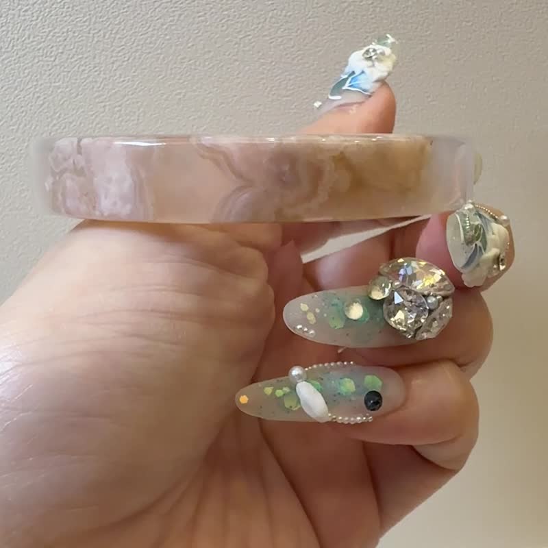 櫻花瑪瑙手鐲 瑪瑙手鐲稀有方鐲冰透粉花意境晚霞帶水墨意境59圈 - 手鍊/手環 - 玉石 