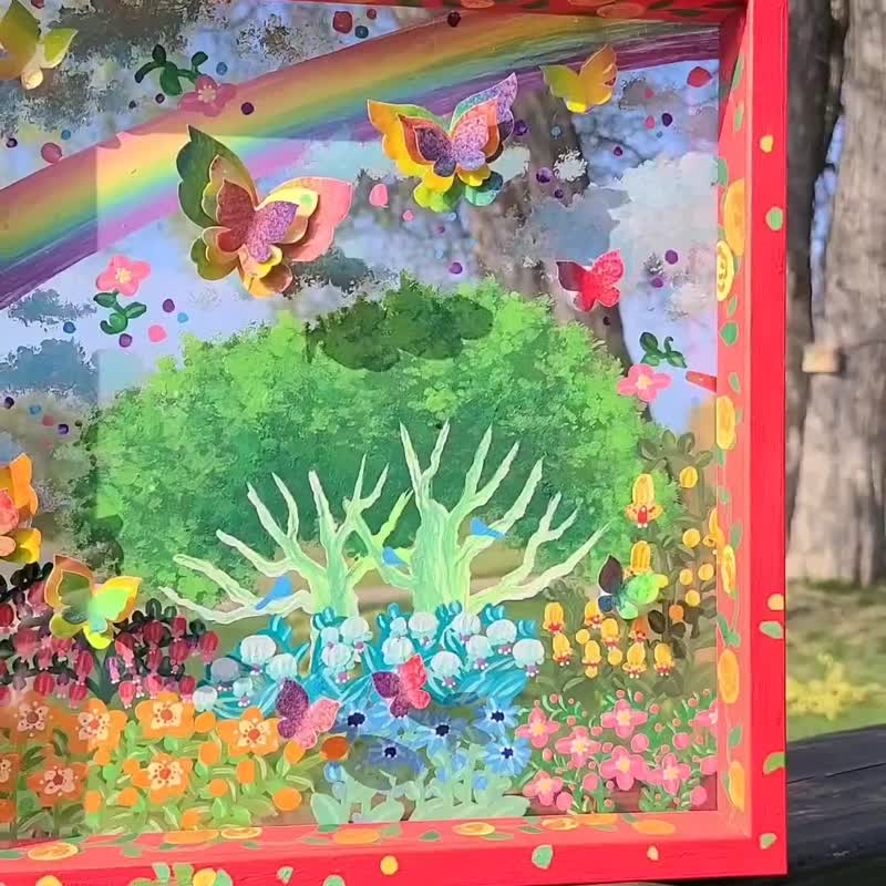 【１点のみ/虹庭散歩】　透明アート　影絵　インテリア　花　蝶々　オブジェ　絵画　赤　レッド - 海報/掛畫/掛布 - 壓克力 紅色