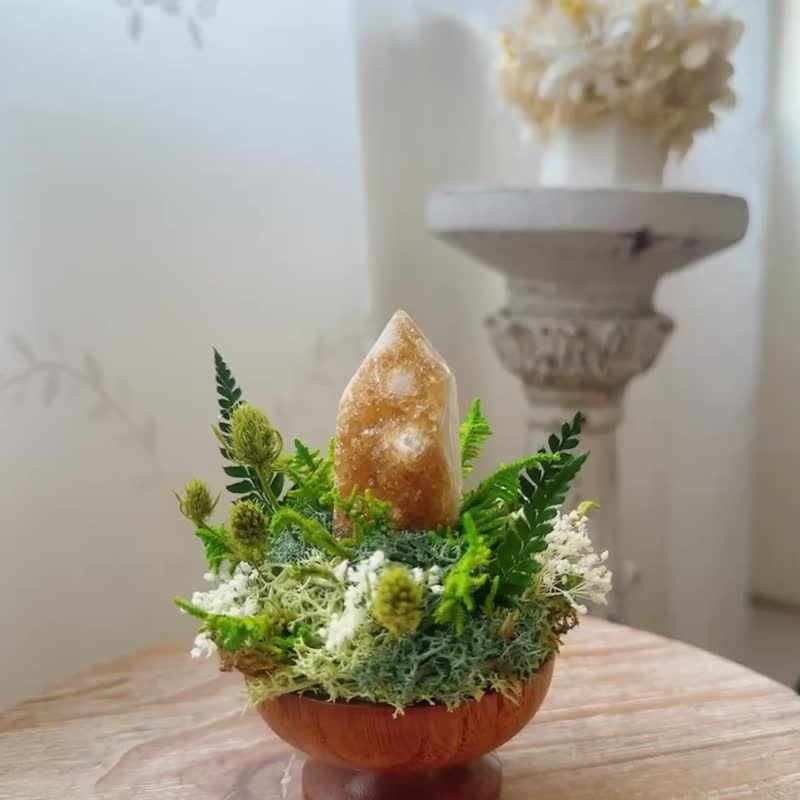 能量 焦糖黃水晶柱 。 微景觀永生葉材 綠植栽 - 盆栽/植栽 - 水晶 黃色