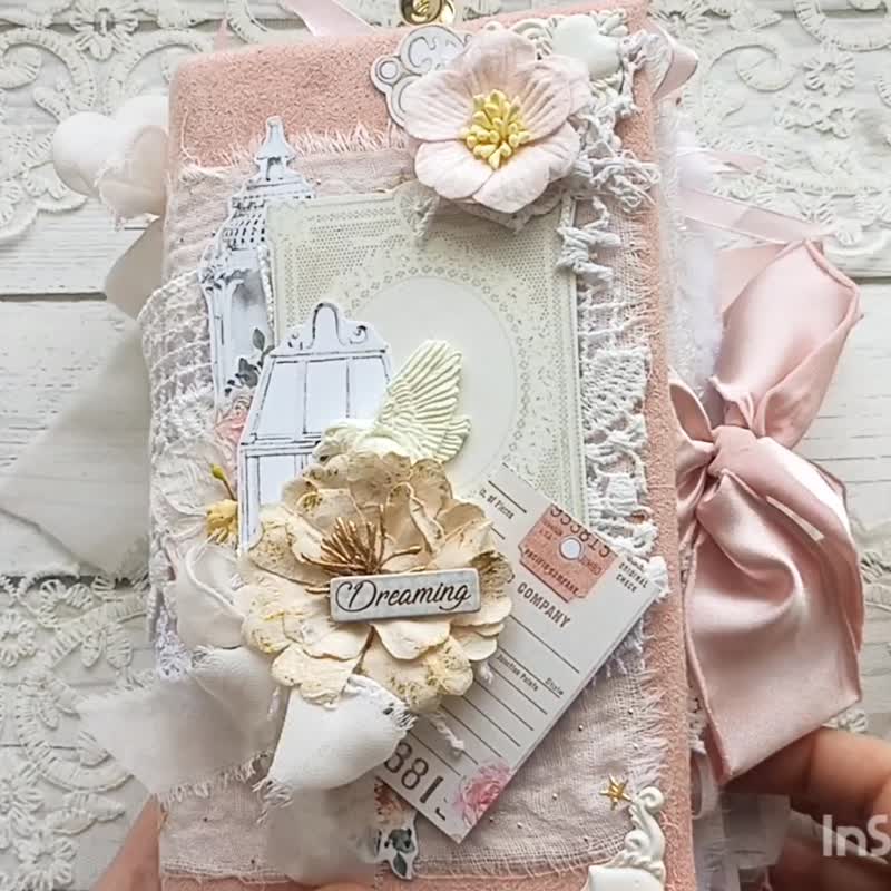 Birds roses junk journal handmade Cottage Life dairy Lace journal Elegant - 筆記本/手帳 - 紙 粉紅色