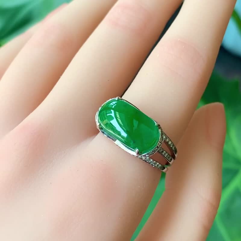 Ice green jade/18K gold/real diamond | Natural grade A jade boutique ring - แหวนทั่วไป - หยก สีเขียว