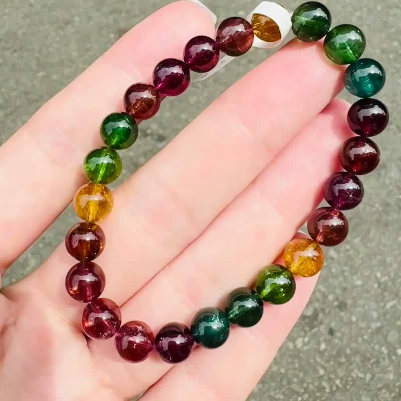 精品級老礦濃色碧璽7mm14.93g帶藍碧金絲雀旺夫石電氣石高頻磁場 - 手鍊/手環 - 水晶 多色