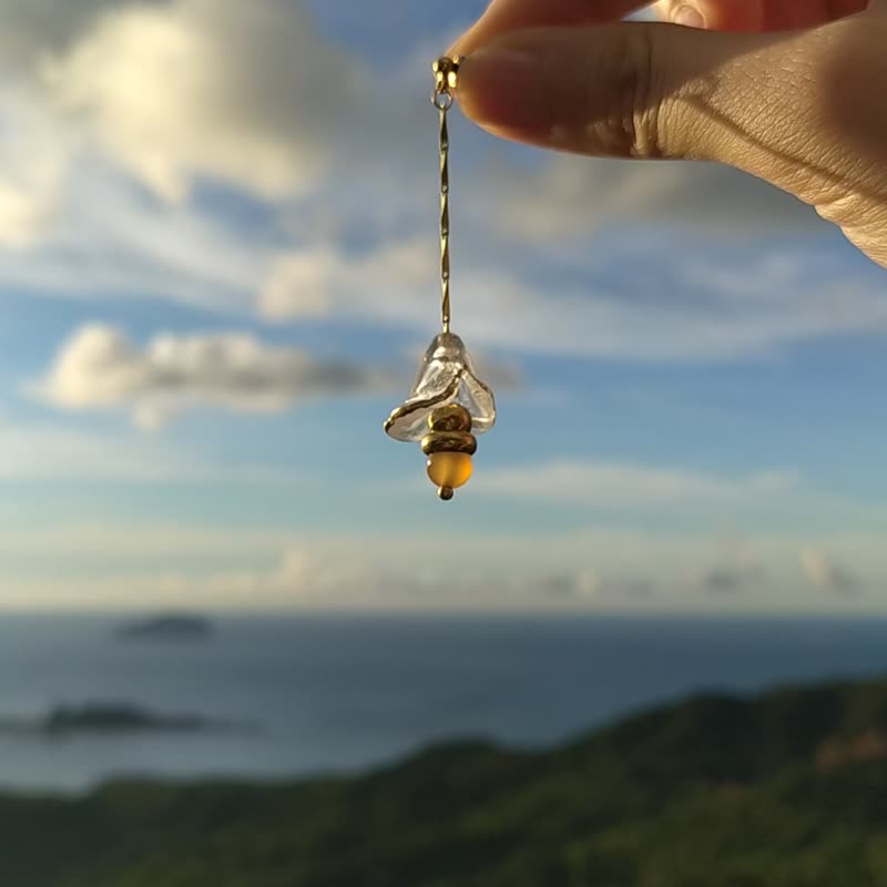 裙擺花長鏈垂墜耳環  黃銅耳飾  /冰花原色瑪瑙 - 耳環/耳夾/耳骨夾 - 銅/黃銅 橘色