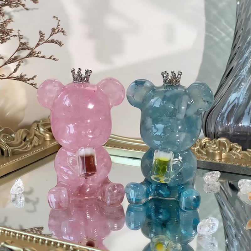 Crystal Lover Bear Natural Stone Ornament | Birthday Wedding Anniversary Valentine's Day Gift | Share a Glass of Wine - ของวางตกแต่ง - คริสตัล หลากหลายสี