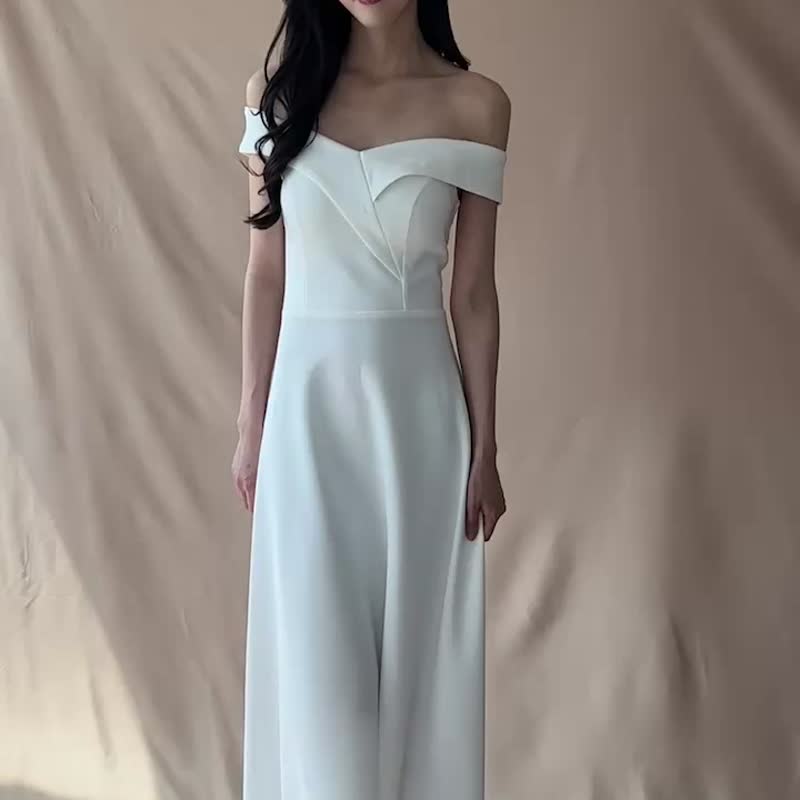 A-line off-shoulder long dress - ชุดราตรี - เส้นใยสังเคราะห์ ขาว