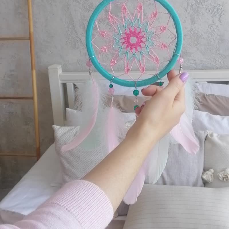 Pink dream catcher for girl, Turquoise teal with mint and pink nursery mandala - ตกแต่งผนัง - งานปัก สึชมพู