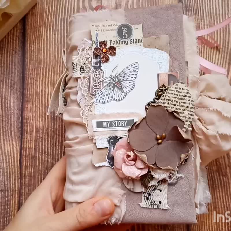 Boho vintage rose journal handmade Bohemian flowers moth notebook treasure - สมุดบันทึก/สมุดปฏิทิน - กระดาษ สึชมพู