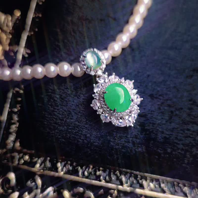 Wealth • Health • Nobility | Ethereal Icy Sun-Green • Bold Floating Flowers | Burmese Grade A Jadeite Sterling Silver Pendant - Necklaces - Jade 