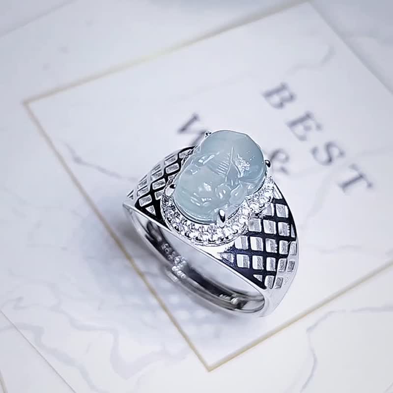 |Lucky beast|A-grade jadeite ice glass light blue glue big Pixiu 11.8mm sterling silver plated 18k men's ring - แหวนทั่วไป - หยก 