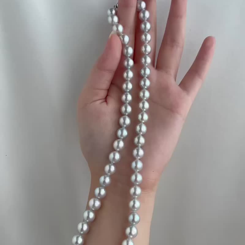 Akoya pearl necklace, natural gray, 8.5-9mm natural silver ash, strong light, 42-43cm, skewered beads, rare pearls, saltwater pearls, red pearls, red pearls - Necklaces - Pearl Gray
