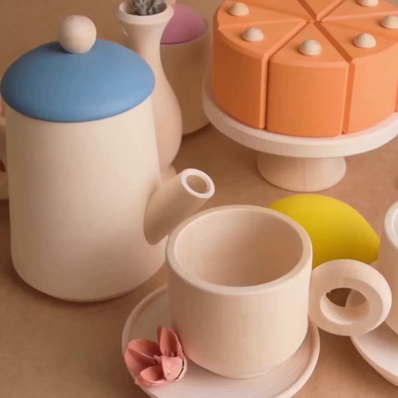 Wooden Toy Tea And Cake Set With Tea Bags for Wooden Play Kitchen Toy Toddler - 寶寶/兒童玩具/玩偶 - 木頭 卡其色