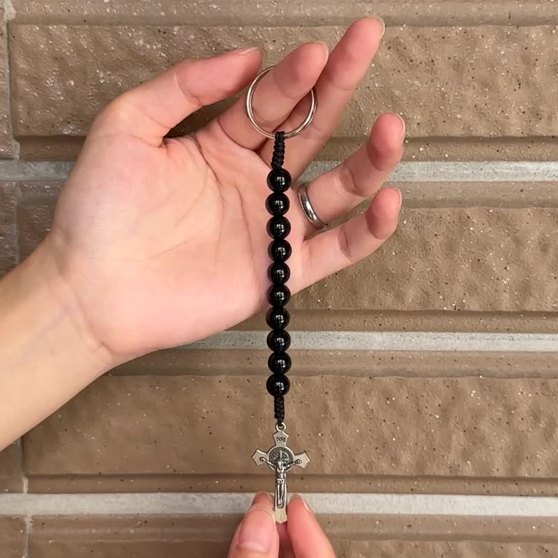 Saint Benedict Jesus Cross One Decade Pocket Rosary Black Agate Stone - Keychains - Jade Black