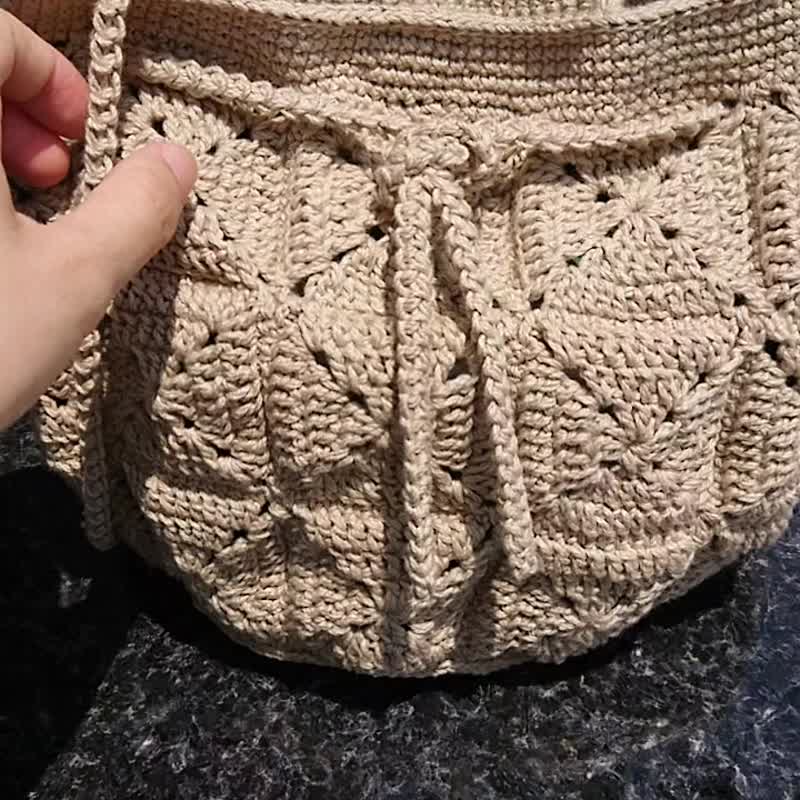 Handmade cotton woven bag checkerboard pattern large bucket bag/spliced ​​woven bag/bucket bag/customized color selection - Drawstring Bags - Cotton & Hemp Khaki