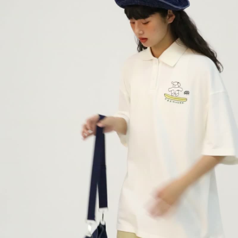 オッドメーカーサーフィン子犬刺繍ポロカラーTシャツレディースサマールーズカジュアルニット半袖トップス - Tシャツ - コットン・麻 