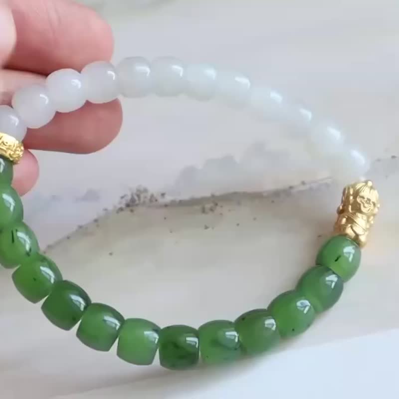 天然和田玉手鏈碧玉搭配羊脂白和田玉手鏈半山半水手鏈 - 手鍊/手環 - 玉石 