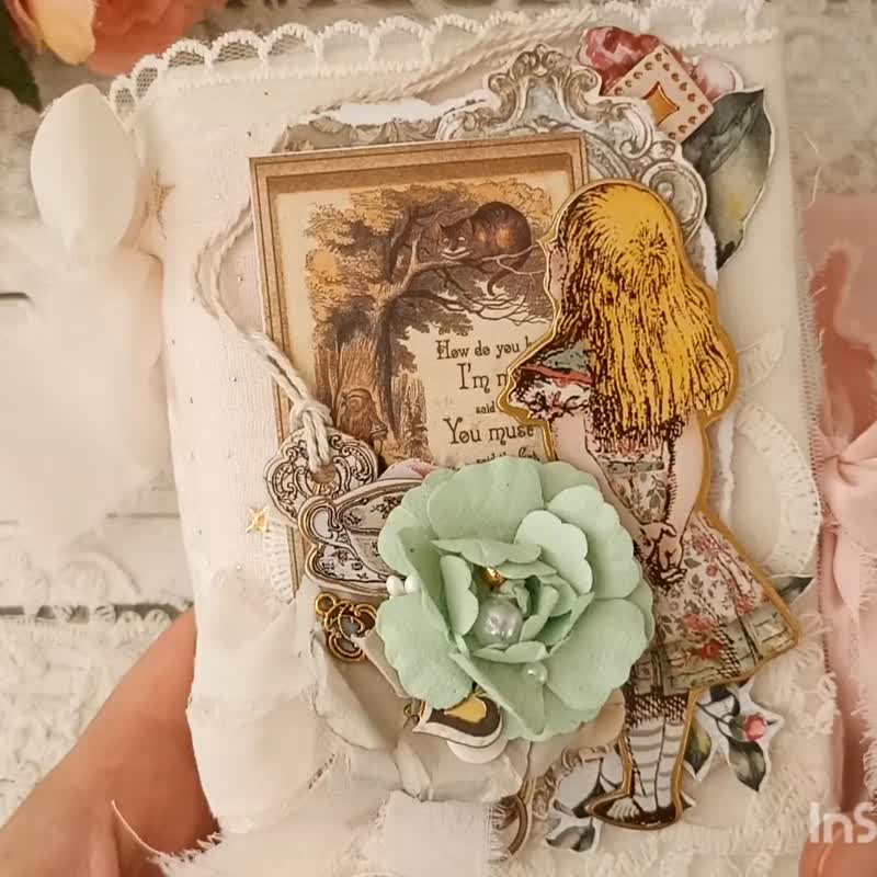 Fairy Alice in Wonderland journal blank Cheshire cat junk journal handmade - 筆記本/手帳 - 紙 粉紅色