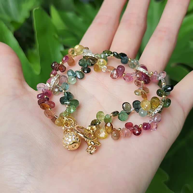頂級碧璽 七色俱全 鑽面水滴 彩虹七脈輪 招財 手鍊 單品 禮物 - 手鍊/手環 - 寶石 多色