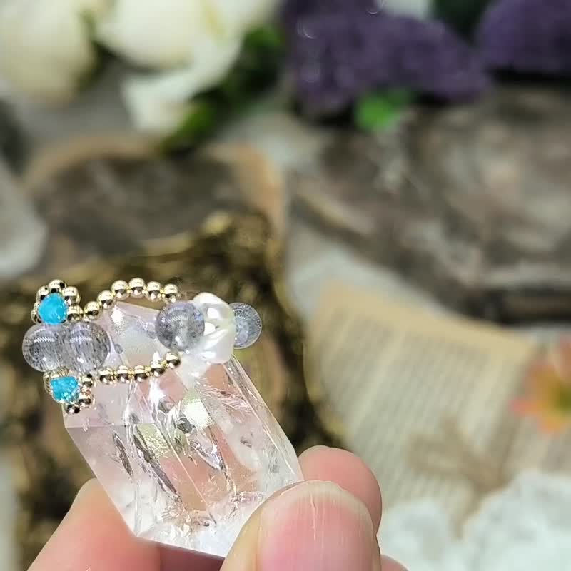 藍光指環  拉長石 藍磷灰 淡水珍珠 18k包金 - 戒指 - 水晶 