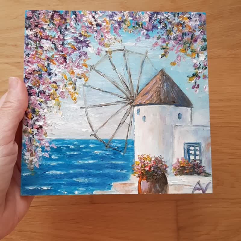 ギリシャの風車 オリジナル油絵：サントリーニの海の風景、ブーゲンビリアのアート - ウォールデコ・壁紙 - 木製 