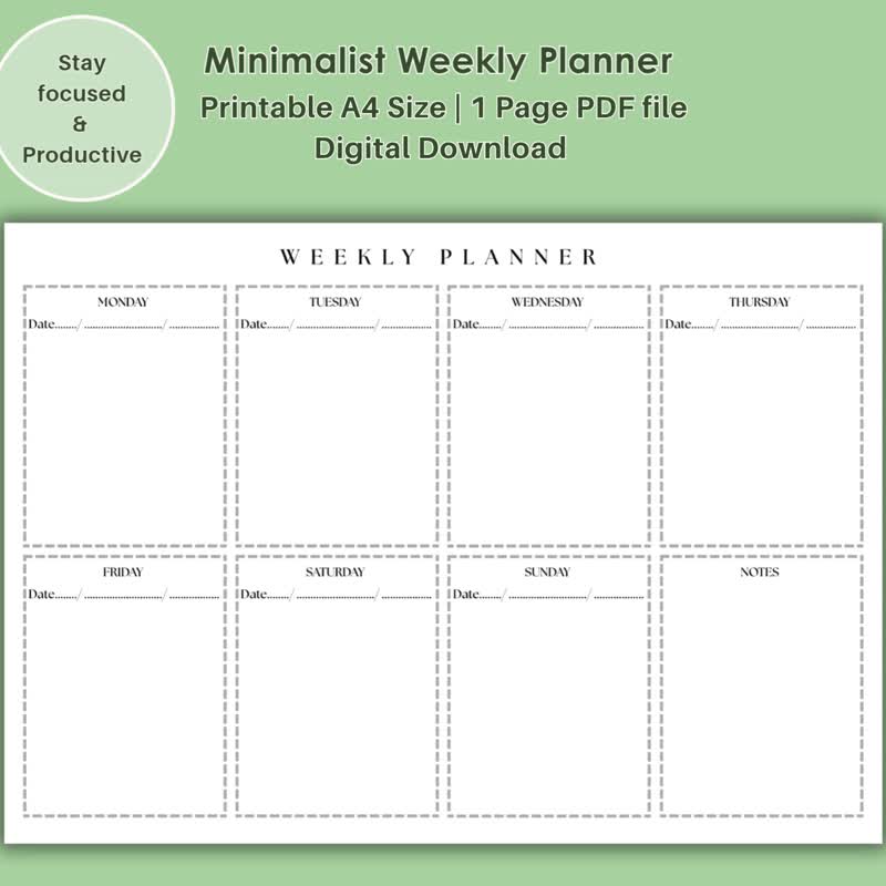 Minimalist Weekly Planner Printable A4 | Simple Clean Layout | Undated Planner - 其他數位商品 - 其他材質 
