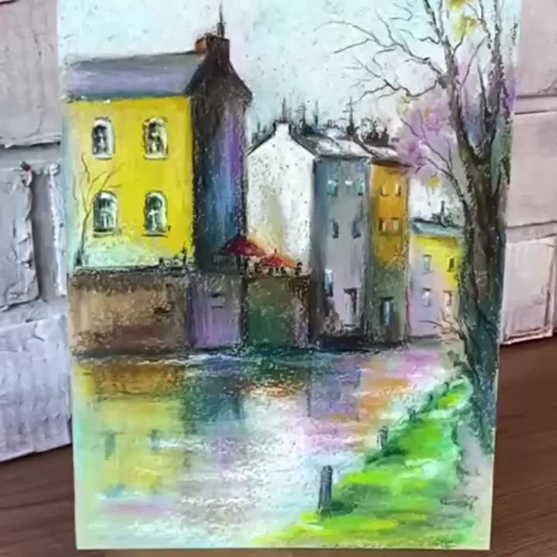 Town painting Oil pastel painting City street landscape Riverside art - 海報/掛畫/掛布 - 其他材質 多色