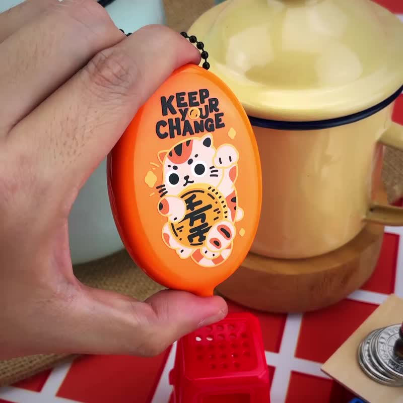 招財貓捏捏零錢包 - 招財貓插畫 - 鑰匙圈/鑰匙包 - 其他材質 橘色