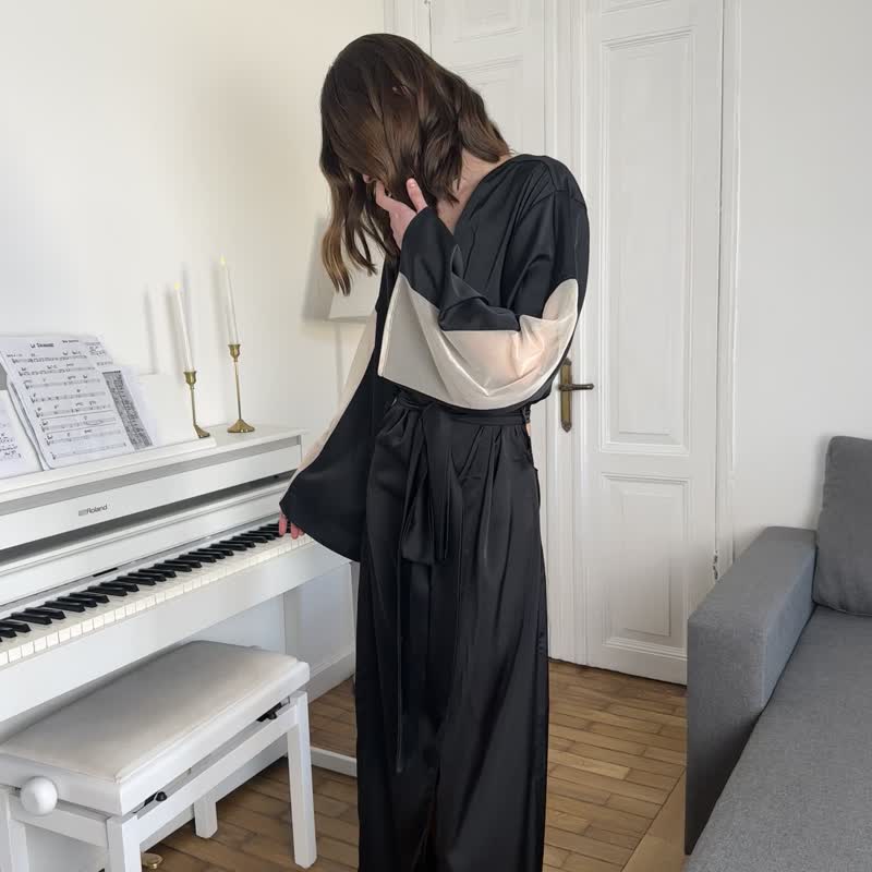 絲滑露背長袍, 網紗袖和服式外袍 - 睡衣/居家服 - 絲．絹 黑色