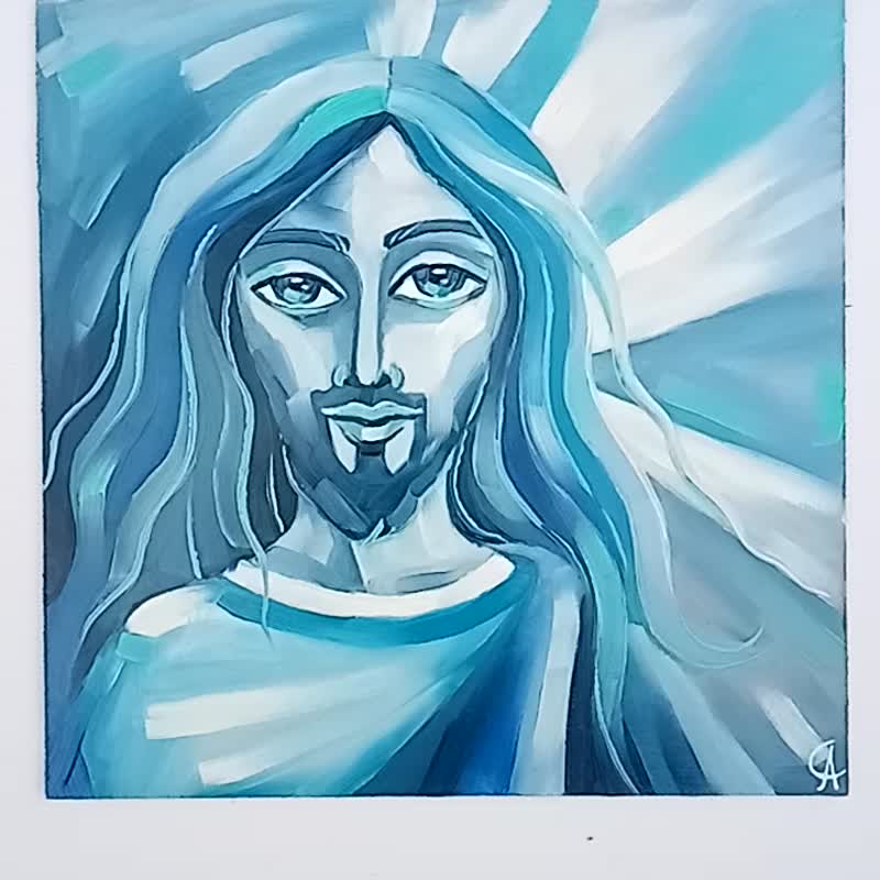 Jesus Painting Catholic Original Art Christian Wall Art Oil  25by25cm - 海報/掛畫/掛布 - 其他材質 藍色